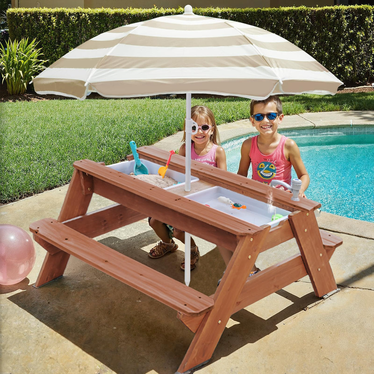 VYOMAMA adjustable umbrella provides shade during sunny play sessions.