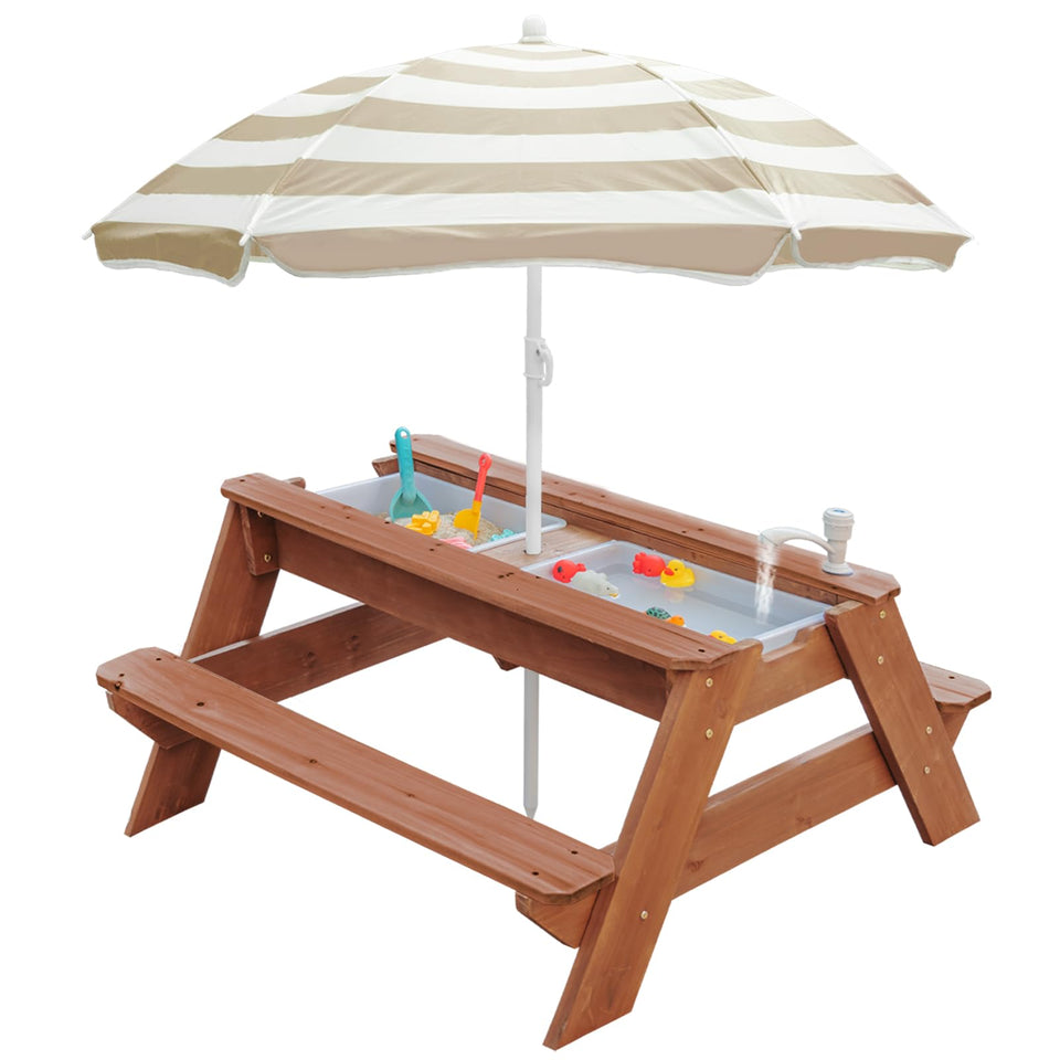 VYOMAMA 3-in-1 sand and water table with umbrella for shaded outdoor play.