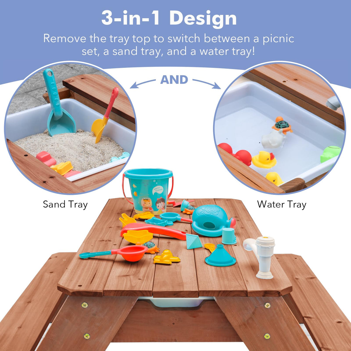 VYOMAMA wooden picnic table with sand bin encourages creative outdoor play.