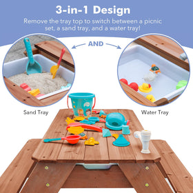 VYOMAMA wooden picnic table with sand bin encourages creative outdoor play.