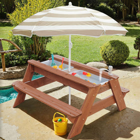 VYOMAMA wooden picnic table with water bin supports splash play outdoors.