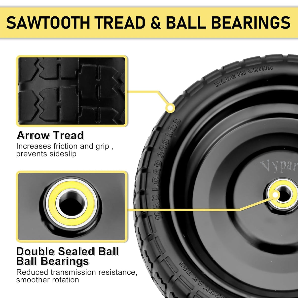 Vypart 4.00-6 tire detail highlights puncture resistance for varied surfaces