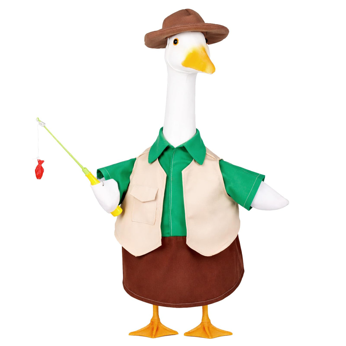 Vzuito fishing-vest on goose statue boosts yard charm