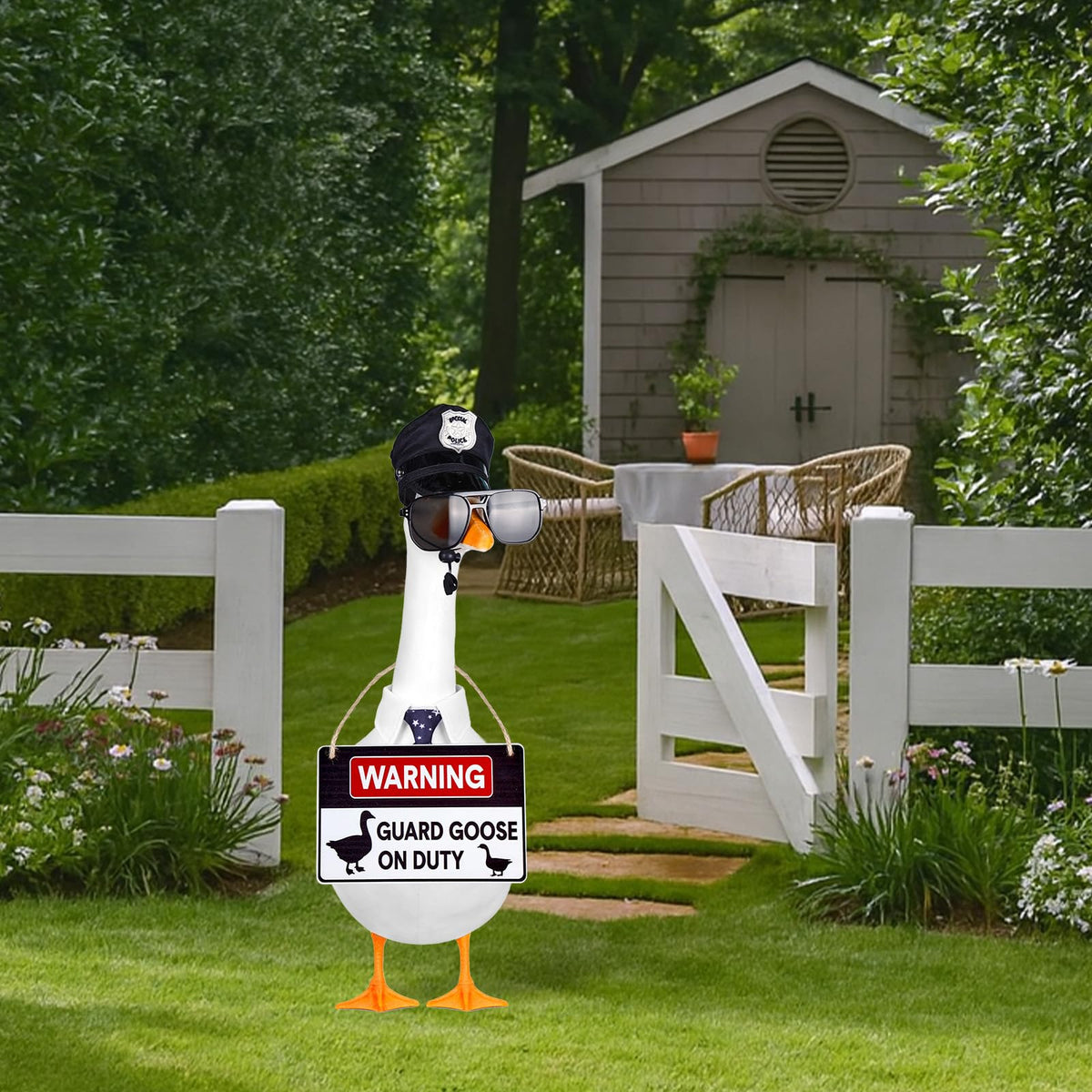 Vzuito porch geese display enhances outdoor decor and conversation.