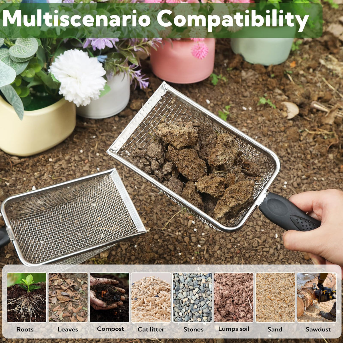 VZZNN 28mm mesh detail for balanced compost and debris separation.