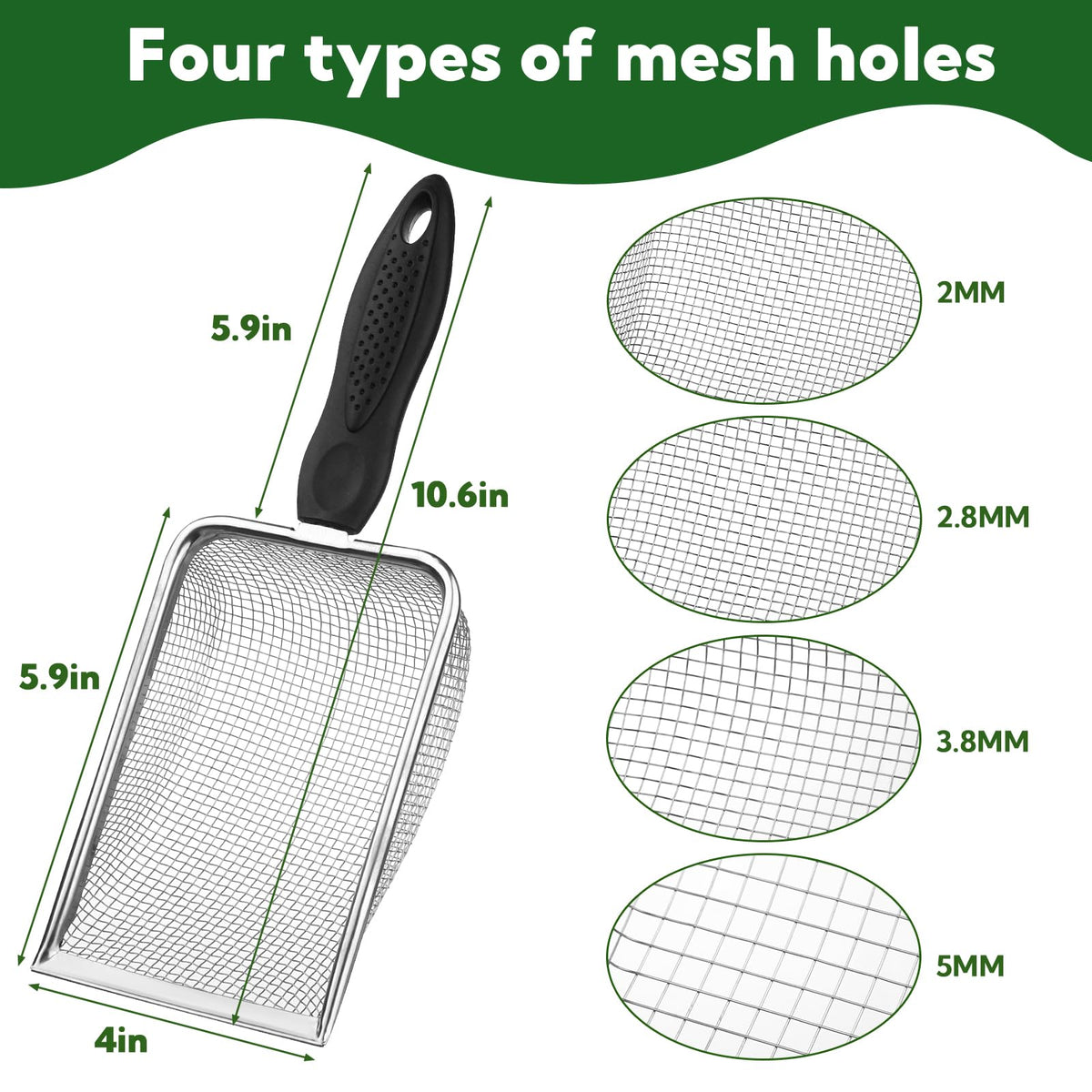 VZZNN 2mm mesh sifter detail promotes fine soil and seed mix refinement.