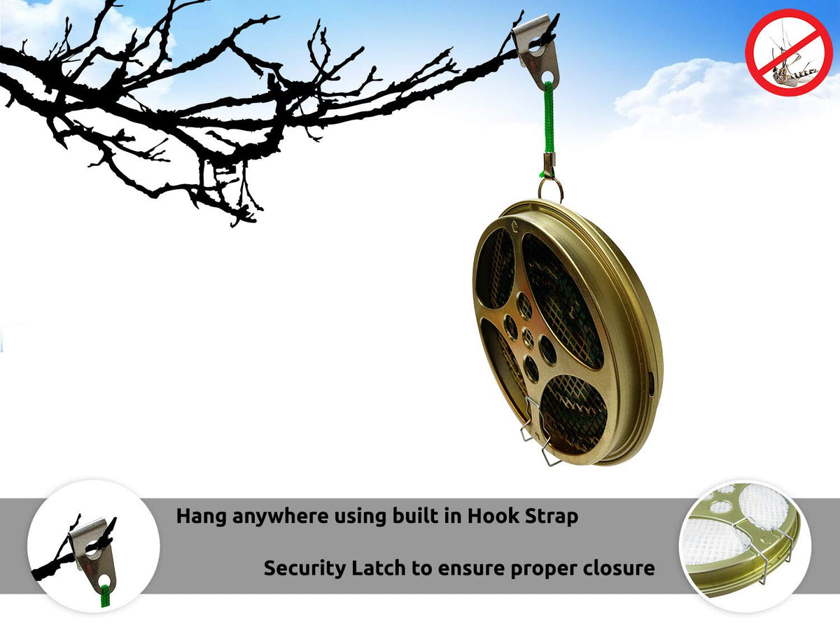 W4W coil holder hanging from branch, weather-protected for insects control