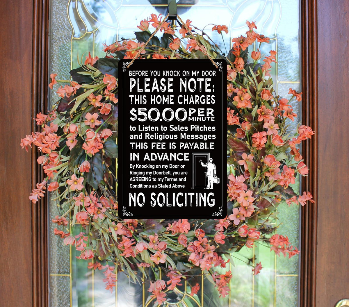 Waahome no-soliciting sign outdoors with waterproof aluminum cover