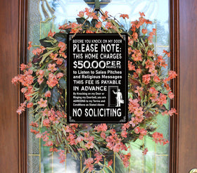 Waahome no-soliciting sign outdoors with waterproof aluminum cover