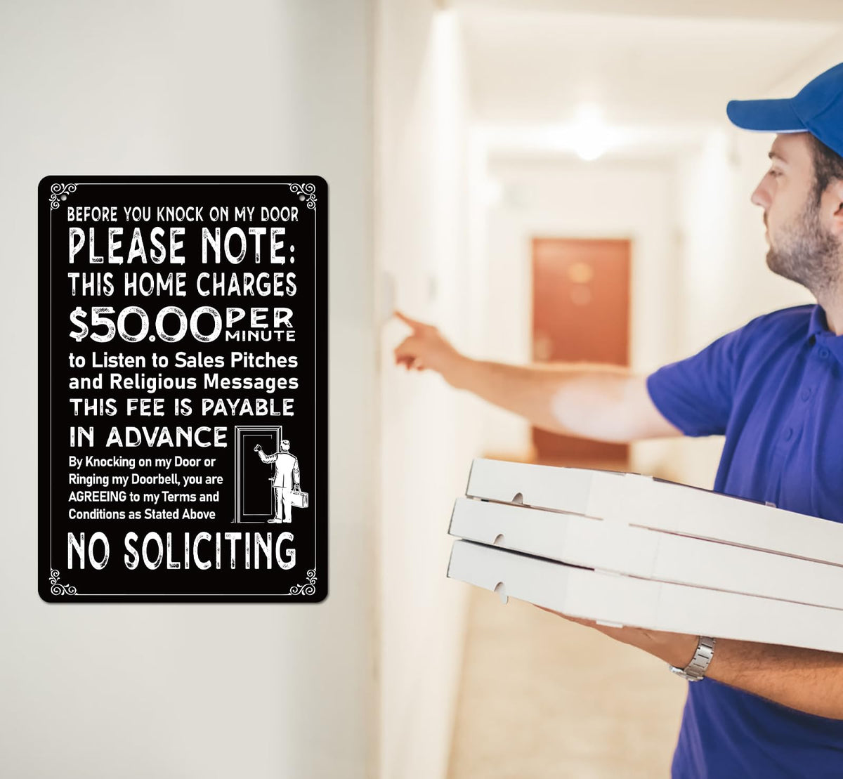 Waahome no-soliciting sign with four pre-drilled holes for easy mounting