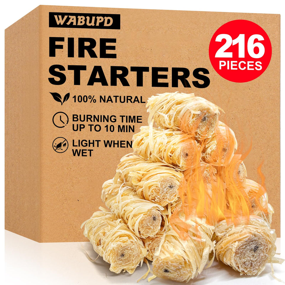 WABUPD 216 fire starter packaging close-up highlighting eco-friendly ignition materials.