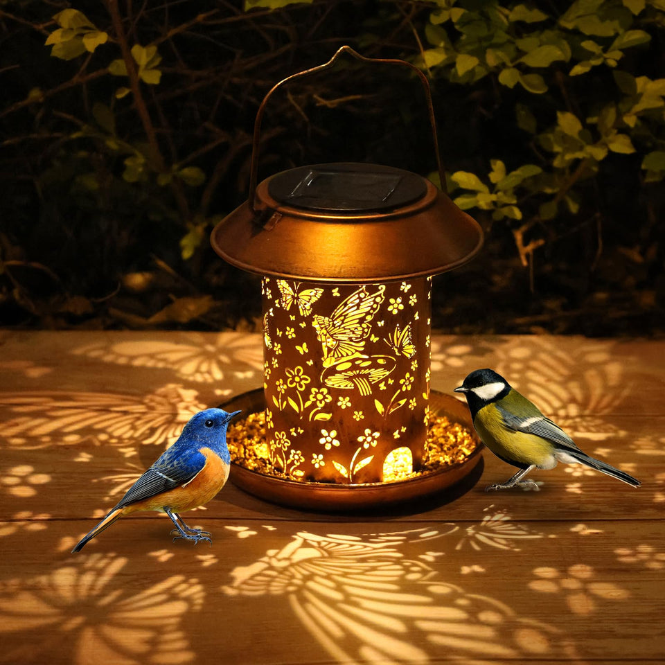 WACLSTDAY solar bird feeder hanging lantern brightens outdoor space and attracts birds at night.