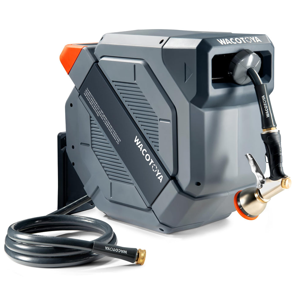 WACOTOYA retractable hose reel on wall demonstrates easy access for watering.