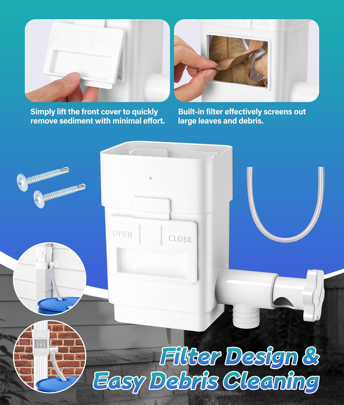 WADEO deep collection chamber captures more rain for faster barrel filling.