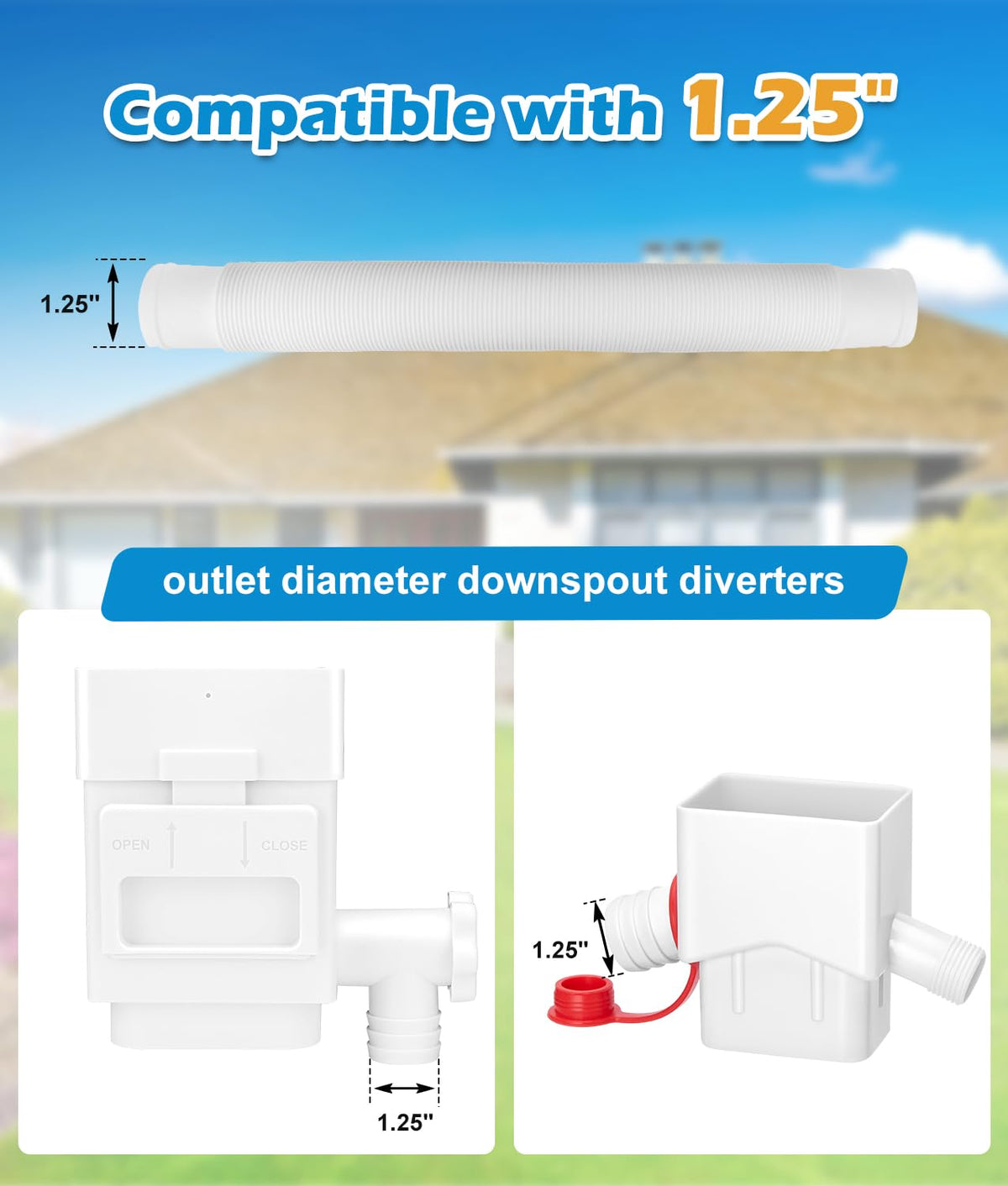 WADEO downspout diverter link enables seamless rainwater diversion to barrels.