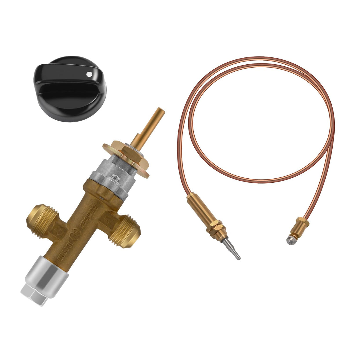 WADEO low-pressure LPG fire pit valve close-up showing sturdy brass construction for durability