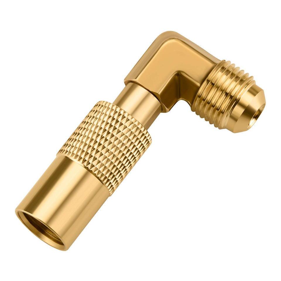 WADEO brass propane elbow adapter with a 90-degree connection for easy camping grill setup.