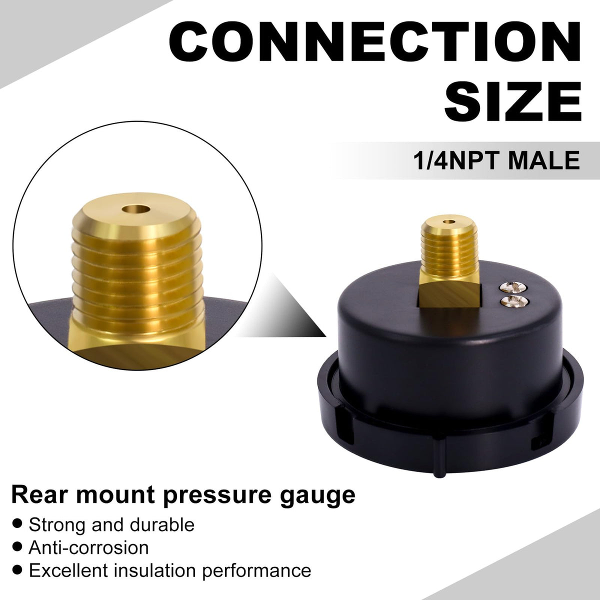 Wadoy pressure gauge lens detail showing copper threaded connector compatibility.