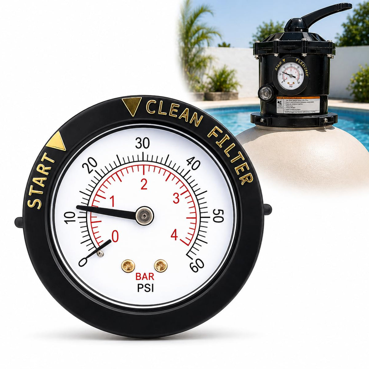 Wadoy rear-mount pressure gauge front view with clear dial for precise pool readings.