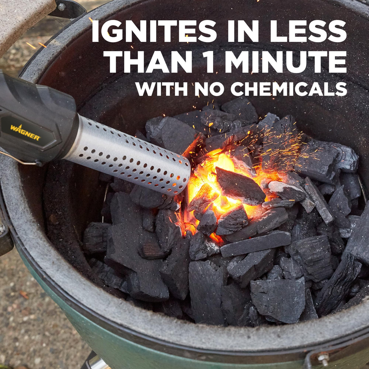 Wagner Electro-Torch chemical-free ignition uses 1500° hot air for clean cooking.