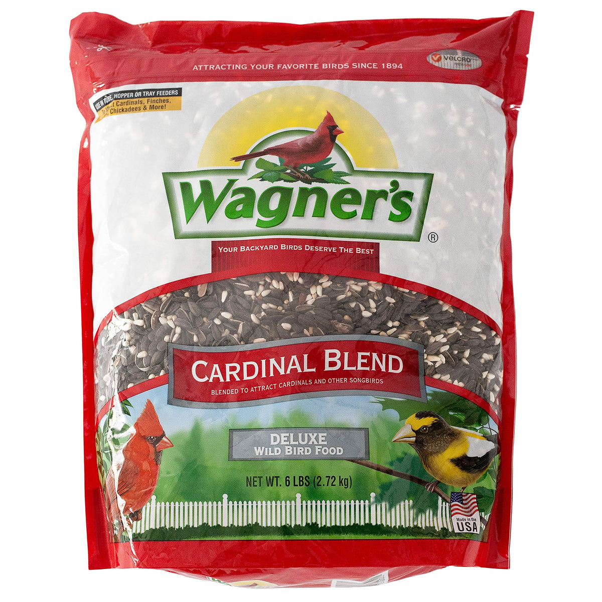 Wagner's Cardinal Blend seeds collection at feeder attracts colorful cardinals.
