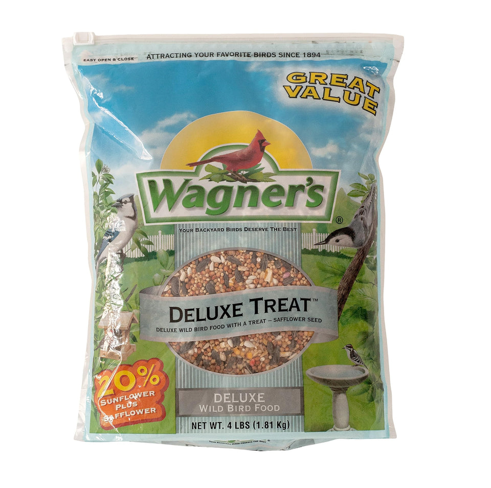 Wagner's Deluxe Treat Blend bag ready for backyard bird feeding.