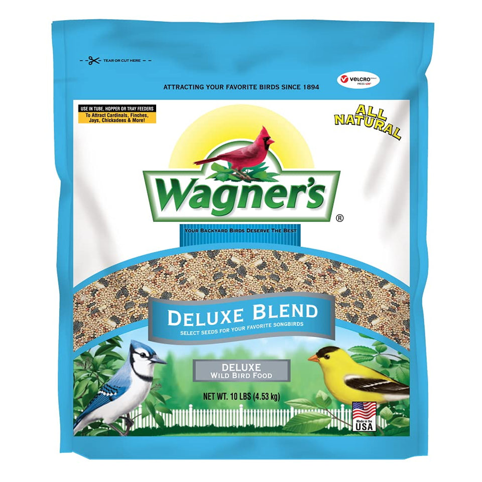 Wagner's Deluxe Wild Bird Food bag with seeds attracts backyard birds.