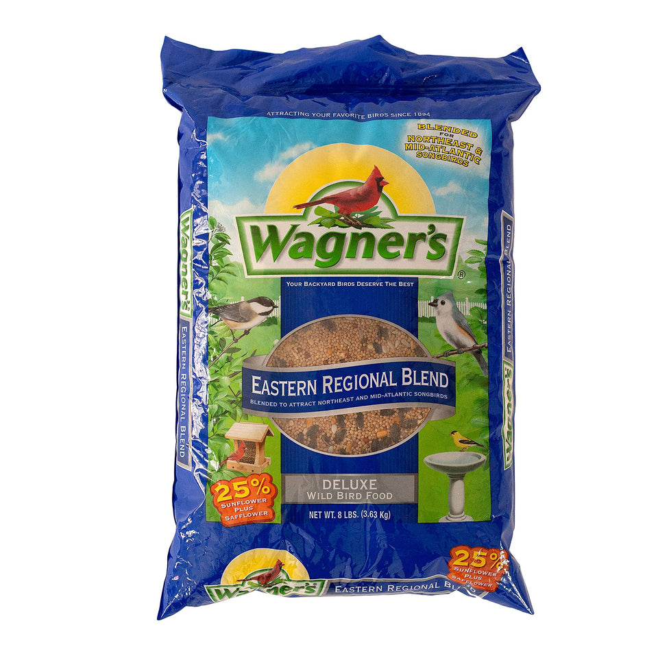 Wagner's Eastern Regional Blend 8lb bag at feeder attracts diverse songbirds.