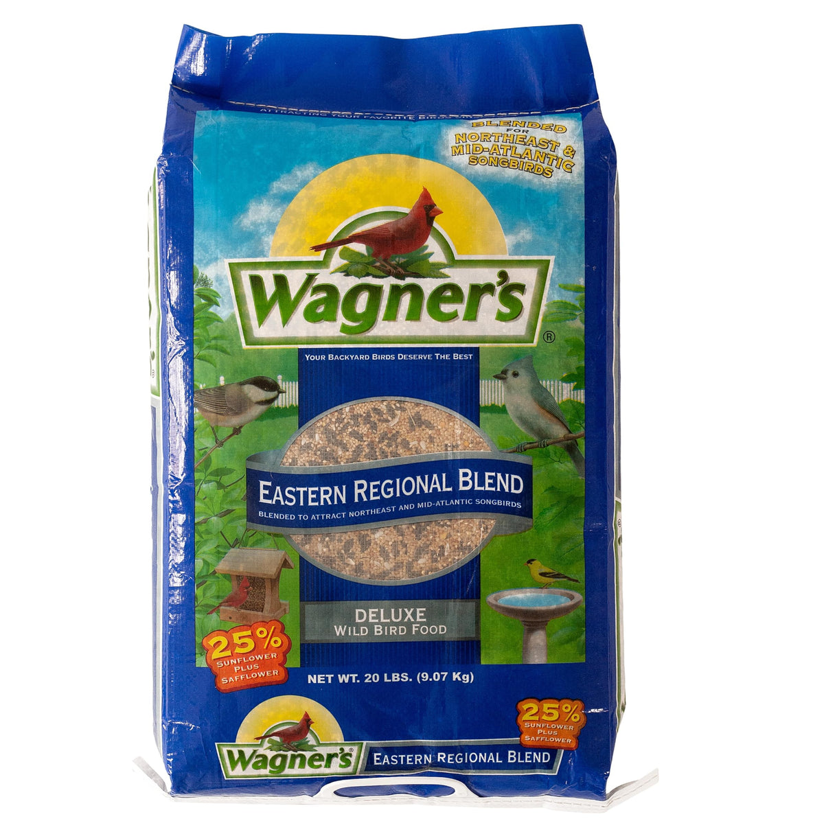 Wagner's Eastern Regional Wild Bird Food bag ready for the feeder, attracting diverse songbirds.