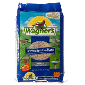 Wagner's Eastern Regional Wild Bird Food bag ready for the feeder, attracting diverse songbirds.