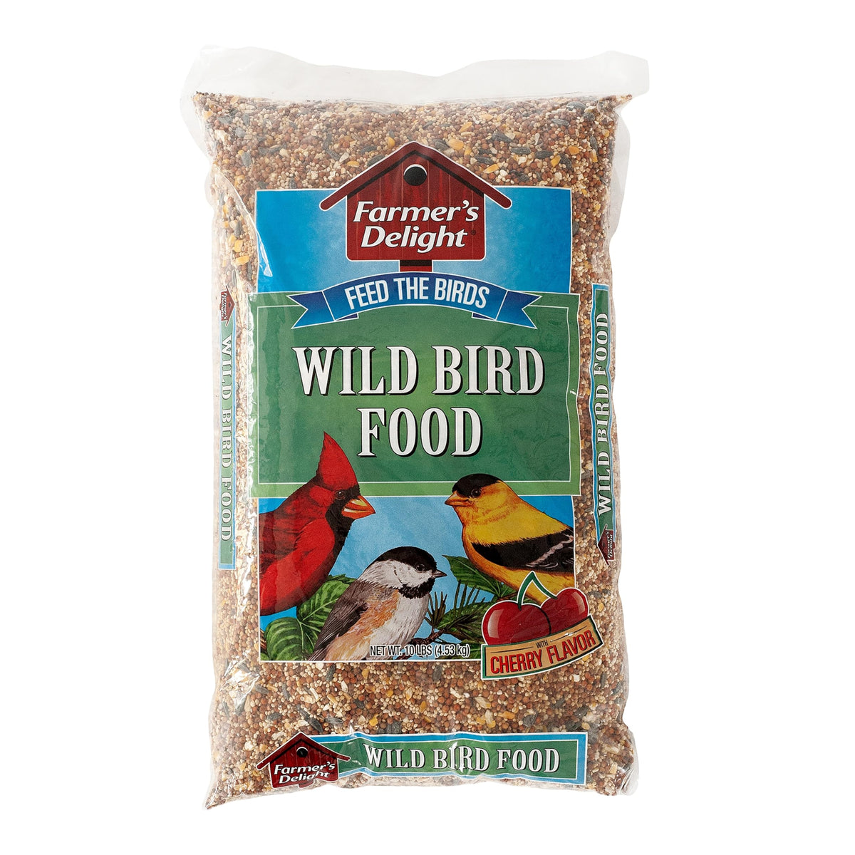 Wagner's Farmer's Delight cherry-flavored wild bird food in a 10 lb bag for backyard feeding.