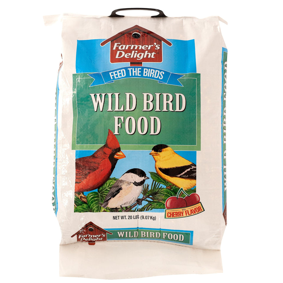 Wagner's Farmer's Delight cherry-flavor bird food bag attracting backyard birds