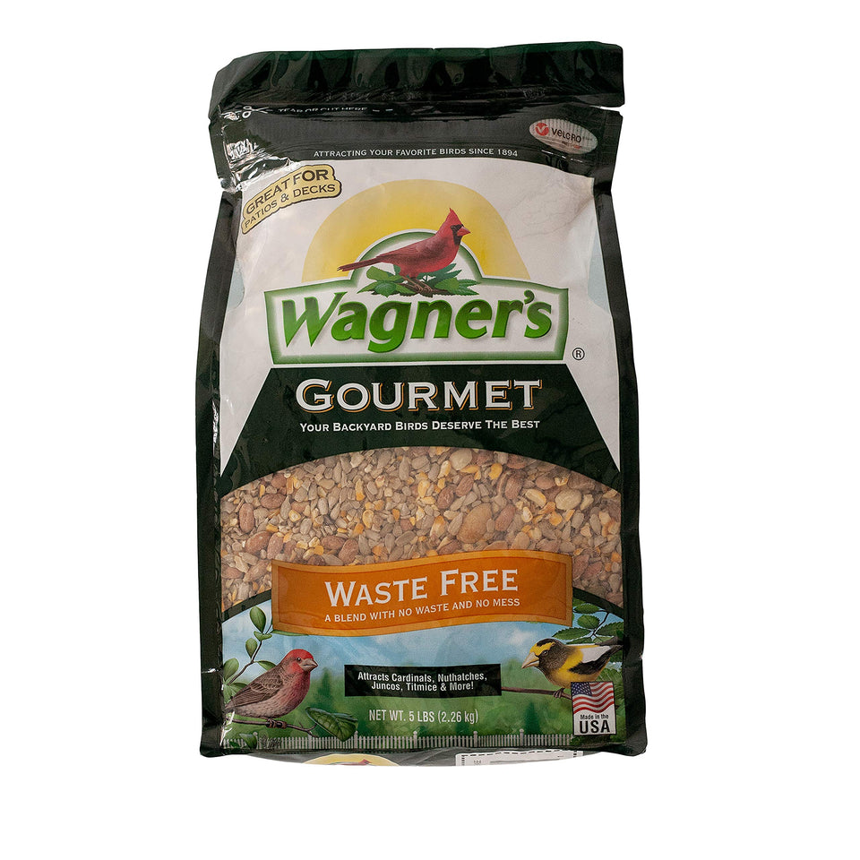 Wagner's Waste Free Gourmet front-of-bag shows nutrient-rich seed blend for backyard birds.