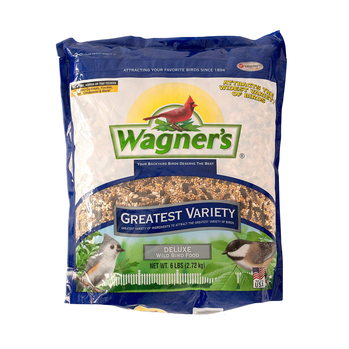 Wagner's Greatest Variety Blend seed mix in a feeder attracts diverse songbirds.