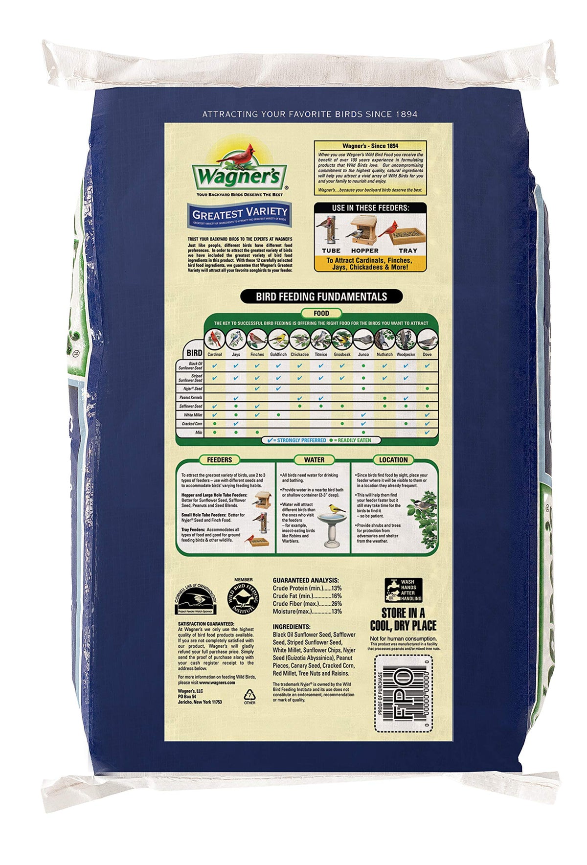 Close-up of Wagner's seed mix showing 11 ingredients for variety.