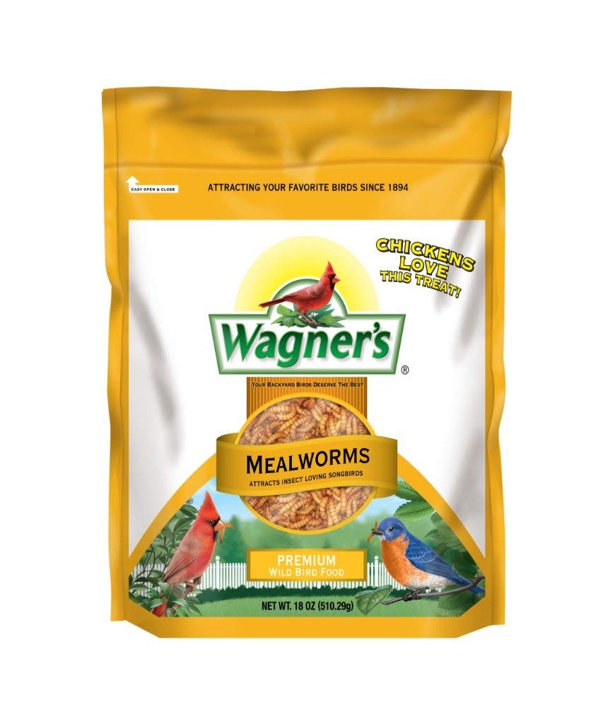 Wagner's Mealworms 18oz bag front view, protein-packed food for wild birds.