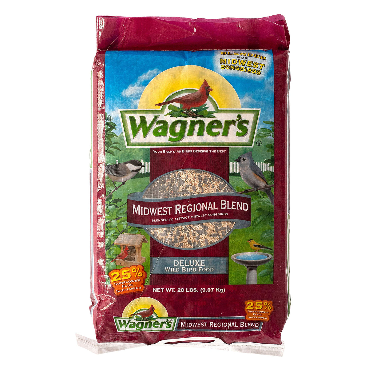 Wagner's Midwest Regional Blend seeds in a basket, appealing to backyard songbirds.