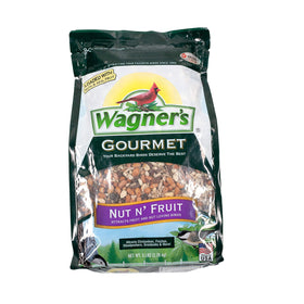Wagner's Nut 'N Fruit Gourmet wild bird food at feeder view, supporting year-round feathered visitors.