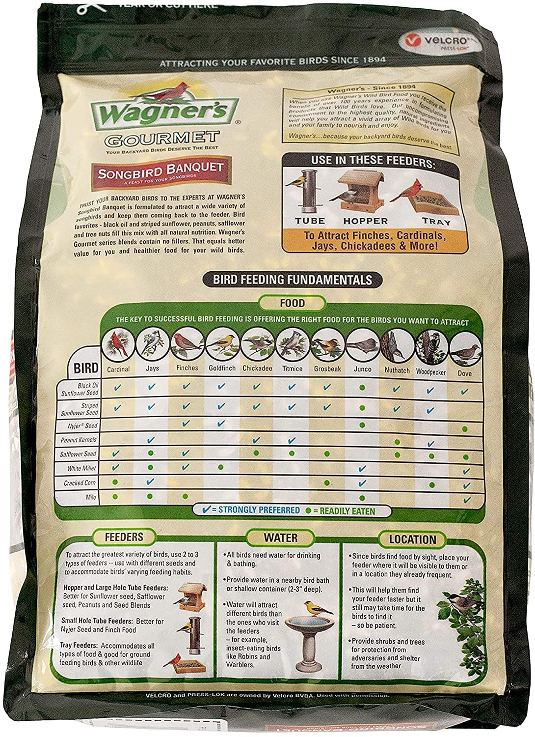 Wagner’s Songbird Banquet label close-up highlighting wholesome ingredients.