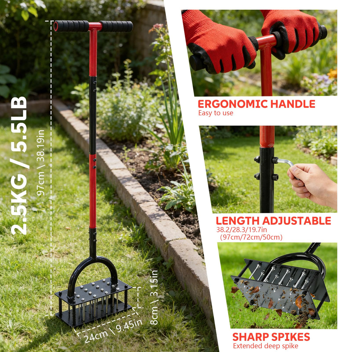 Wakuka lawn aerator 16-spikes penetrating compacted soil with deep channels.