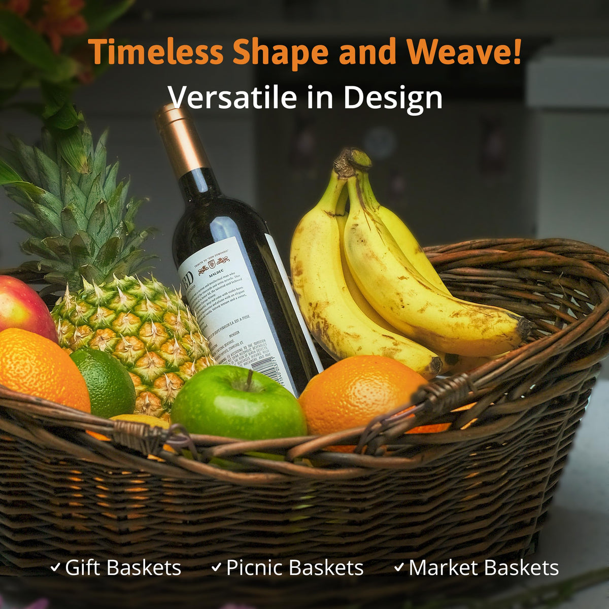 Wald Imports dark brown hand-woven basket ideal for picnics or markets.