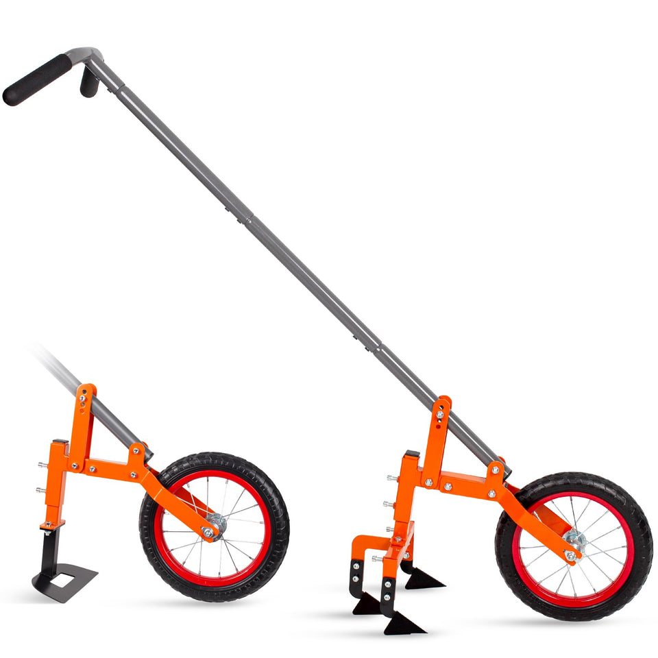 Walensee 2-in-1 wheel hoe cultivator loosening soil in a garden bed.