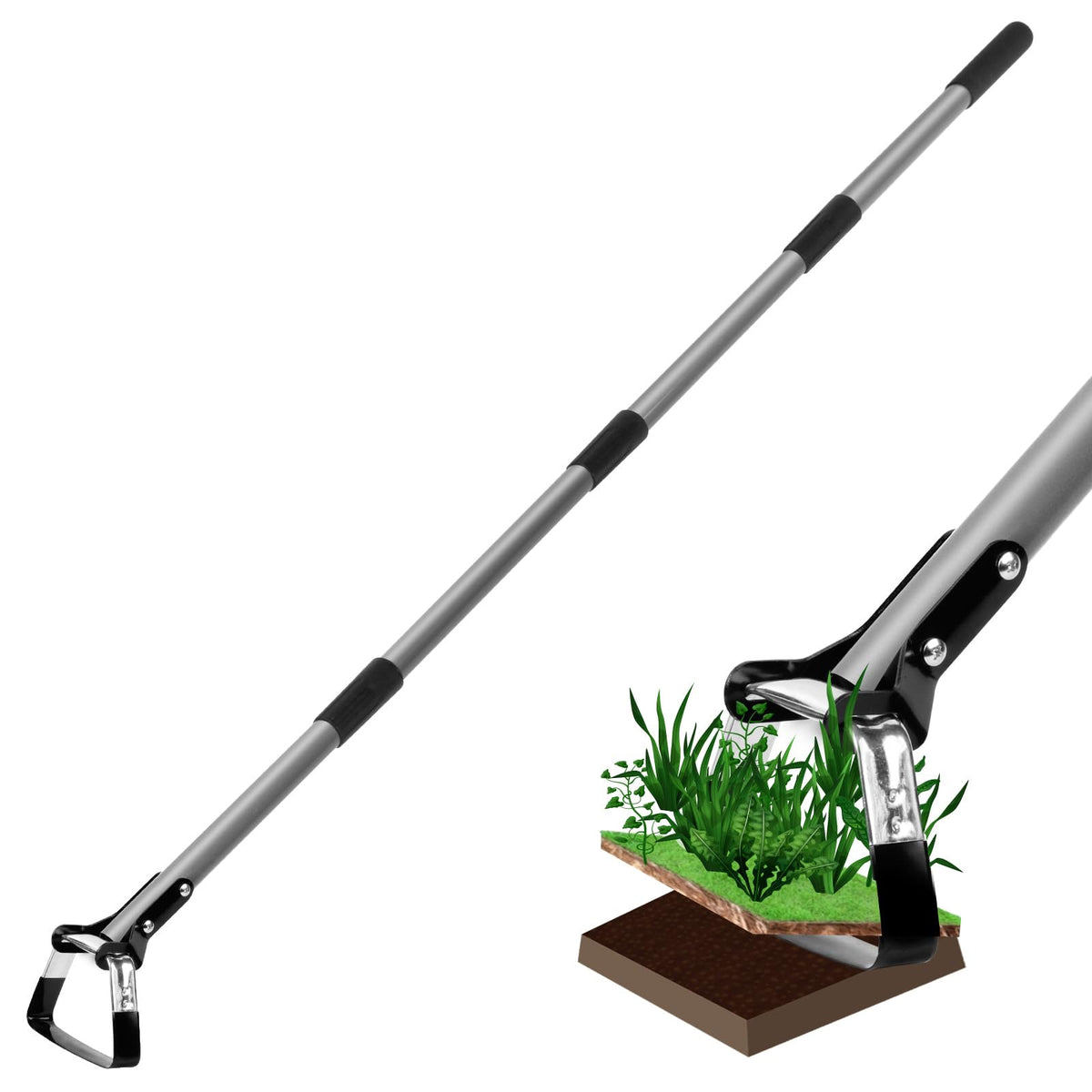 Walensee action hoe with adjustable-length handle enables comfortable standing weeding