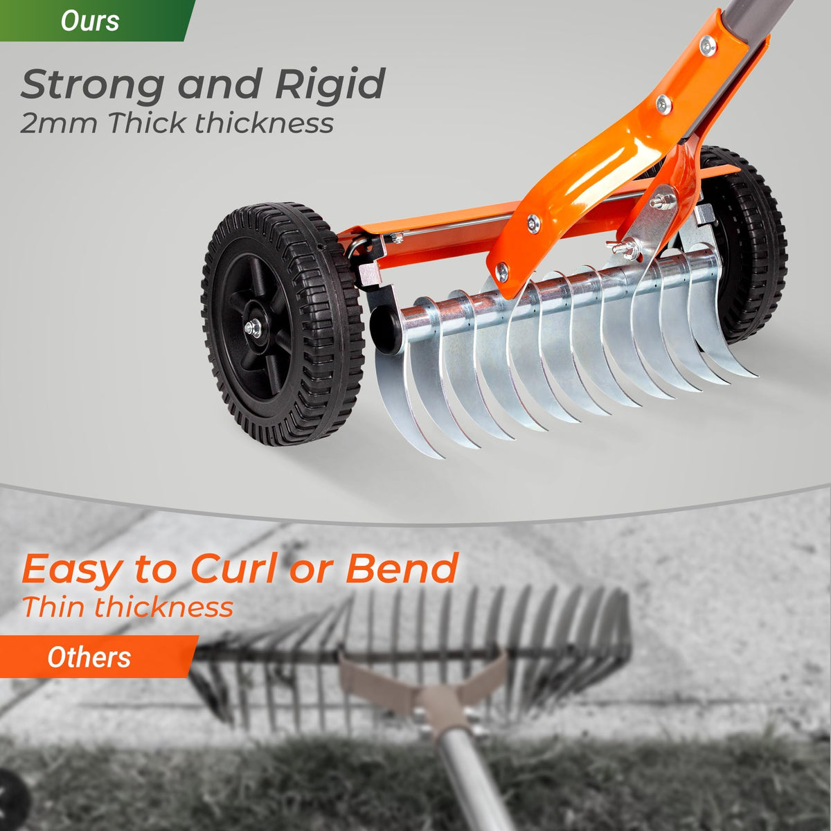 Walensee Rake feature butterfly knobs for easy depth control on varying lawn surfaces.
