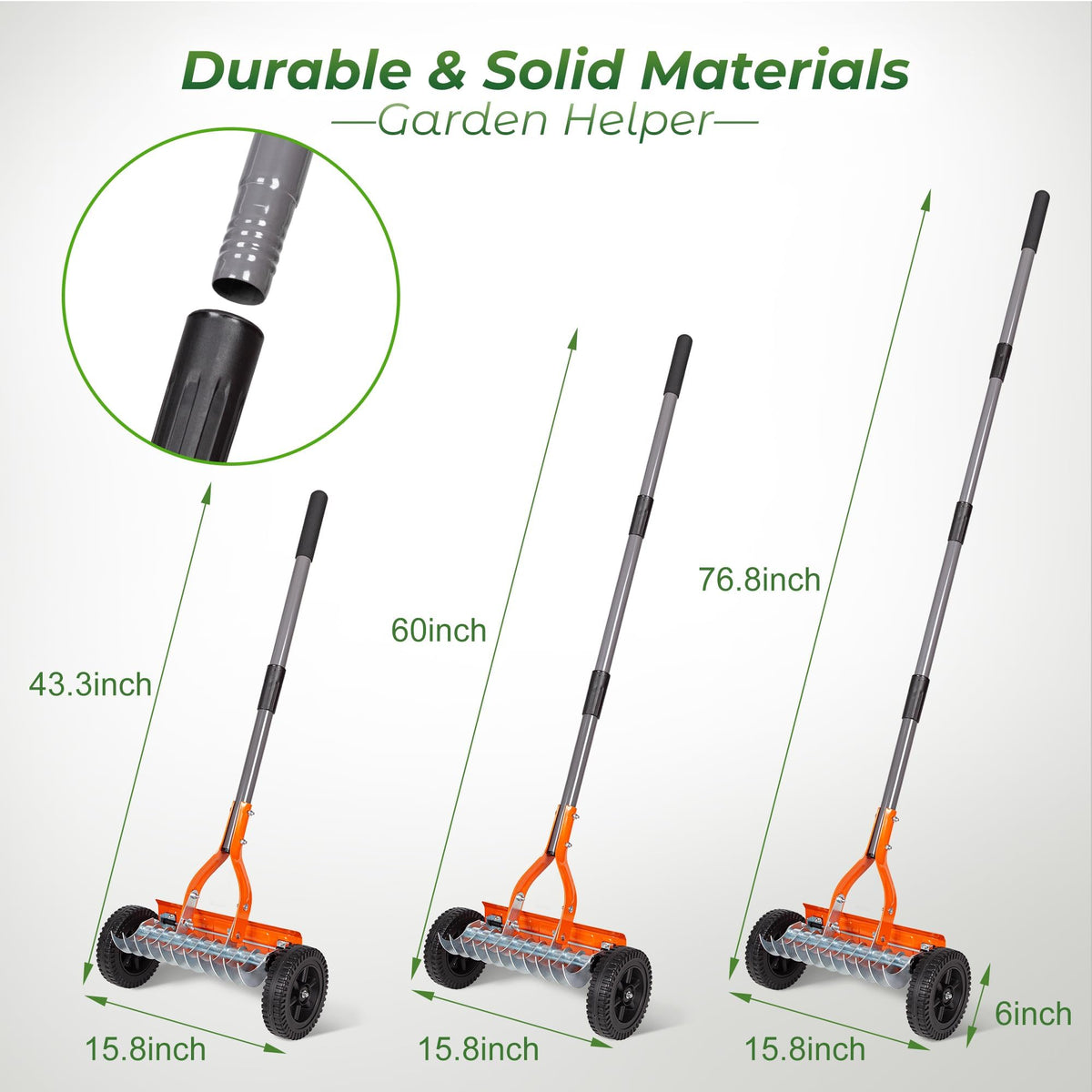 Walensee Dethatching Roller Rake 76.8-inch handle demonstrates ergonomic reach and comfort.