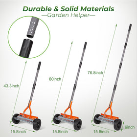 Walensee Dethatching Roller Rake 76.8-inch handle demonstrates ergonomic reach and comfort.