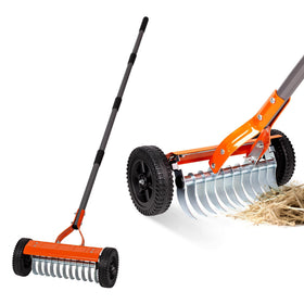 Walensee Dethatching Roller Rake with wheels in action, reducing effort on uneven lawns.