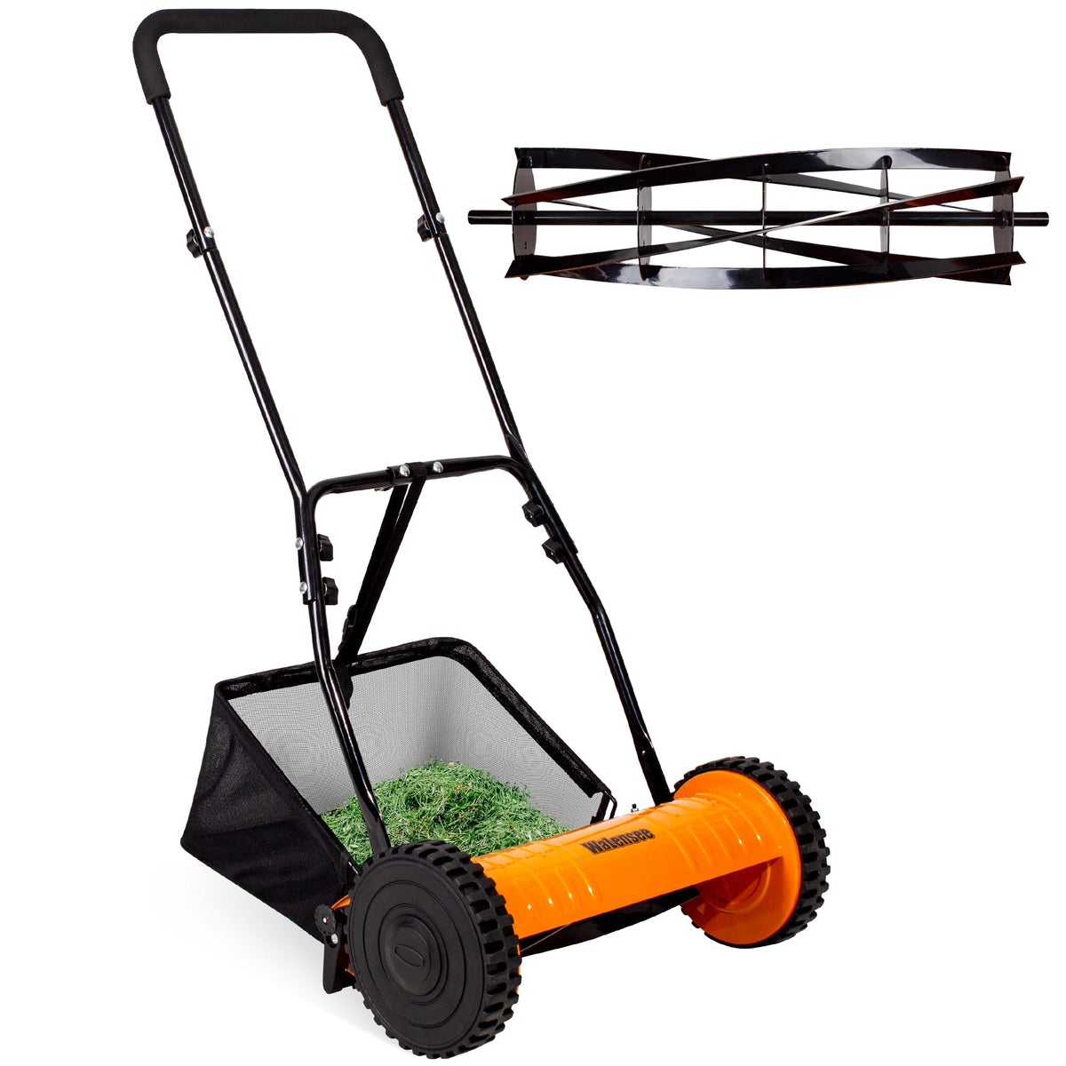 Walensee push reel lawn mower front view showing 16-inch cutting action for clean, precise cuts.