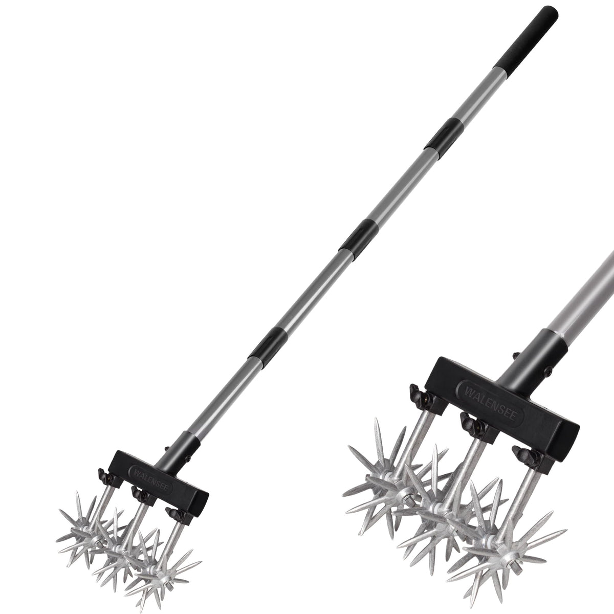 Walensee rotary cultivator with extended handle for comfortable bed prep.