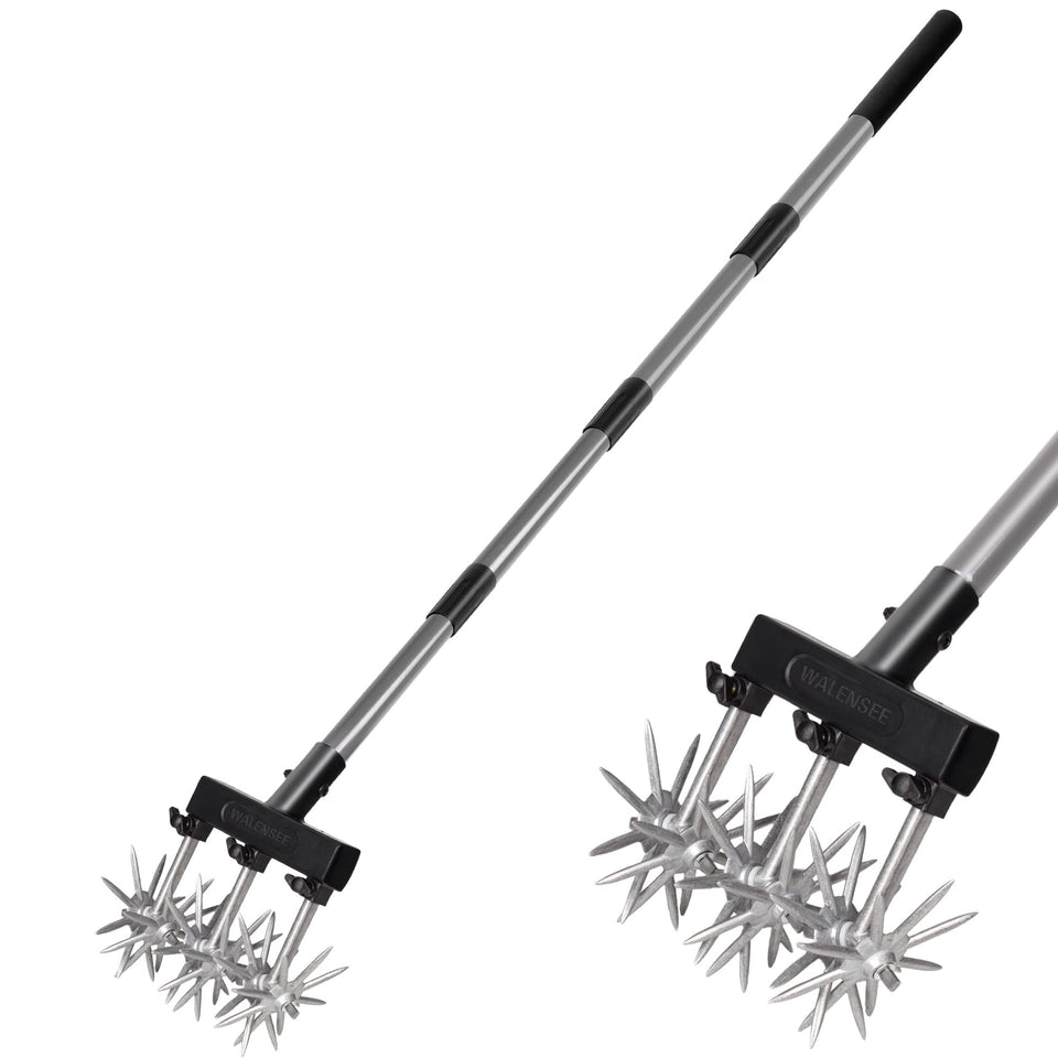 Walensee rotary cultivator with extended handle for comfortable bed prep.